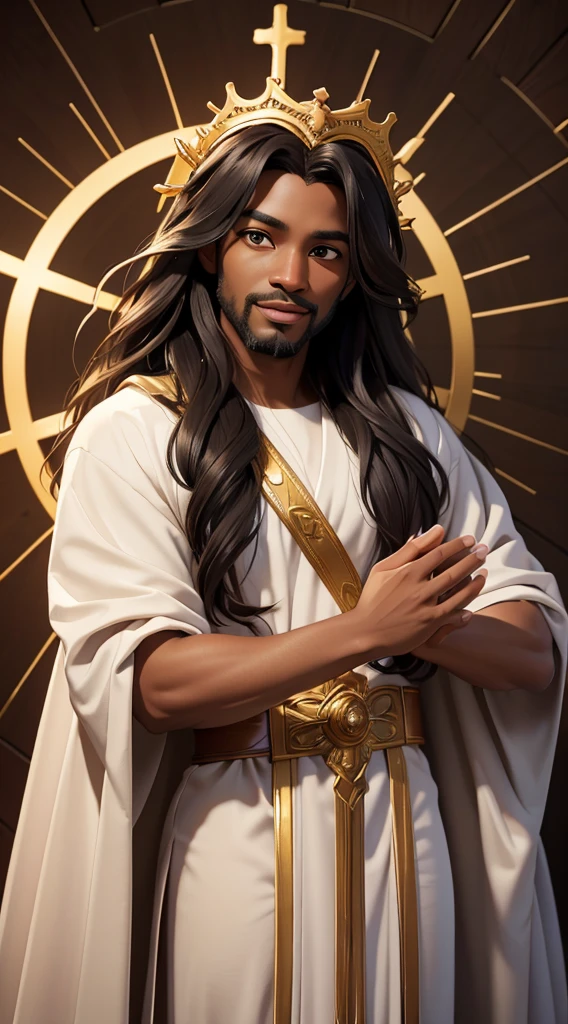 A black man as Jesus, (best quality, 4k, highres, masterpiece:1.2), ultra-detailed, (realistic, photo-realistic:1.37), vibrant colors, dramatic lighting, heavenly aura, spiritual essence, flowing robes, serene expression, majestic presence, divine radiance, sacred atmosphere, disciples in awe, halo, crown of thorns, sorrowful eyes, compassionate smile, outstretched arms, golden backdrop, heavenly light, ethereal glow, divine beauty, uplifting inspiration, iconic portrait, religious symbolism, profound spirituality, biblical imagery.