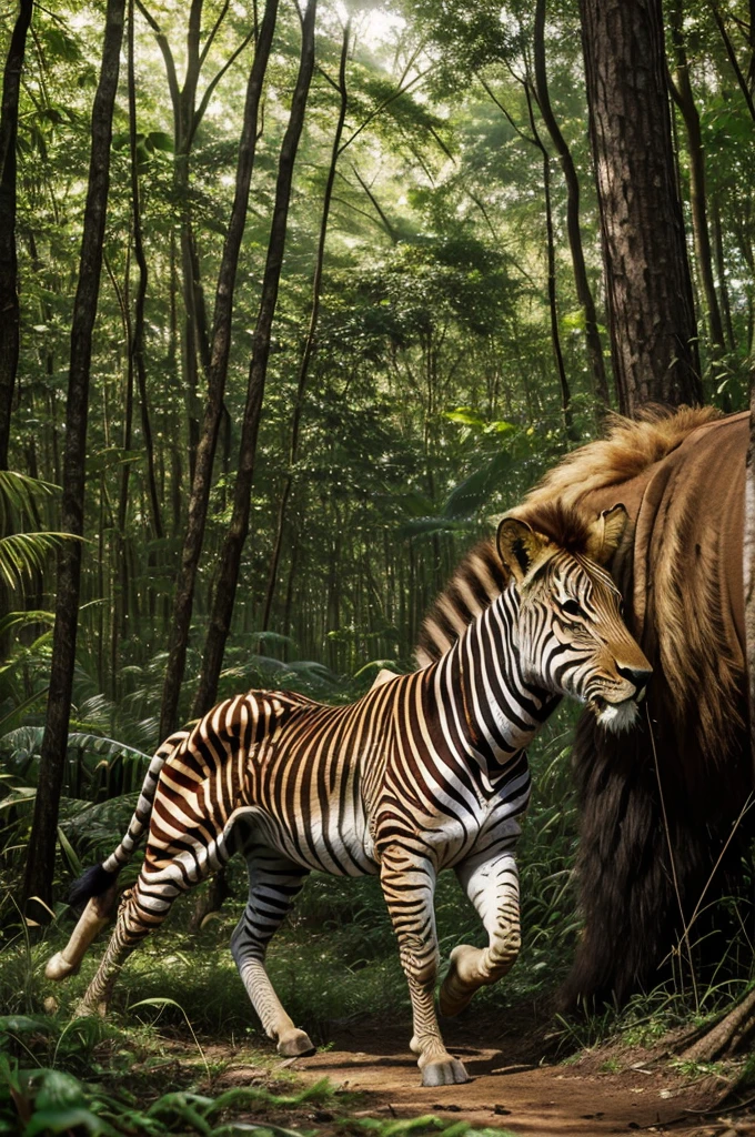 
In the heart of the dense forest, the golden rays of the setting sun filter through the canopy, casting dappled shadows on the ground. Amidst the tall grass, a lion crouches, muscles coiled and eyes locked onto its prey. A lone zebra grazes nearby, unaware of the danger lurking in the shadows. The lion's ears twitch, and with a sudden burst of power, it lunges forward. The forest explodes with the sound of pursuit as the zebra bolts, but the lion's relentless speed and precision soon close the gap. The raw power of nature unfolds as predator meets prey in a timeless dance of survival.