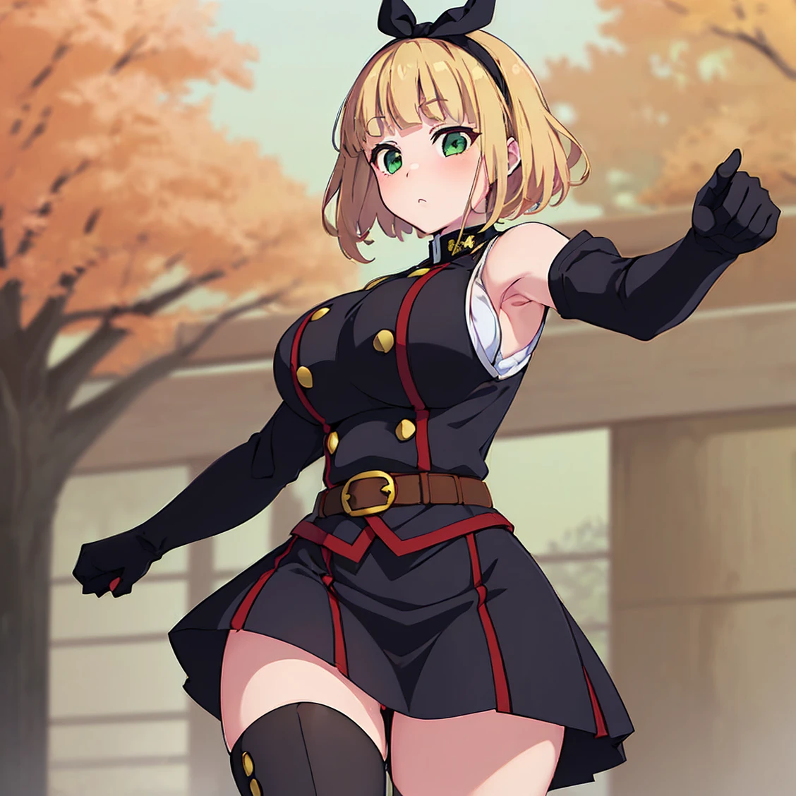 ((1girl)), ((alone)),shushu suruga, ((extremely detailed CG unity 4k wallpaper)), (masterpiece), (ultra quality), (ultra detailed), (best illustration), (best shadow), (extremely detailed), looking at viewer, (absurdities), (detailed background), curvy body, dynamic pose, cowboy photo, medium breasts, medium waist, wide hips, wide thighs, round butt, ((blonde_hair , short_hair, 1 girl, green_eyes, solo, headband, bangs, big_breasts, black bow, uniform, black gloves, elbow-length, military, military_uniform, black uniform with red details, gold buttons, bare thighs, black boots, knee-high , brown belt with gold details, separate_sleeves, sleeveless,)), smile, mouth closed)), standing, cowboy photo, backlight, ((only)), ((standing: 1.4, outdoor, park, cityscape ,trees ,(stoic,blushing,sexy expression, closed mouth, sexy pose), looking back,from behind, ((focus on ass), point of view: (from below), perfect anatomy, perfect hands,