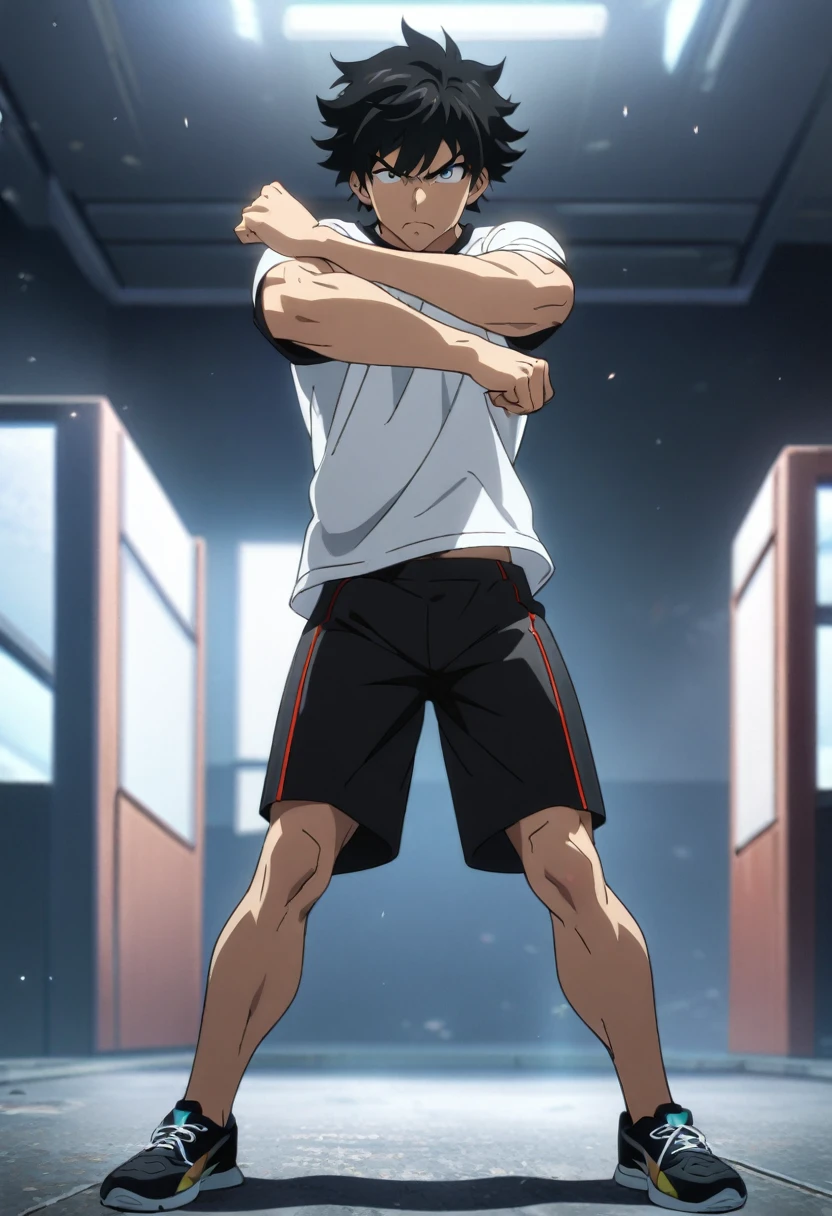 1boy, adult male focus, short black hair, white and black sports shirt, compression shorts underneath standing, determined expression,front view,looking at viewer,t-pose,anime style, full body,best quality, amazing quality, best aesthetic, absurdres,masterpiece,incredibly absurdres,high detail eye