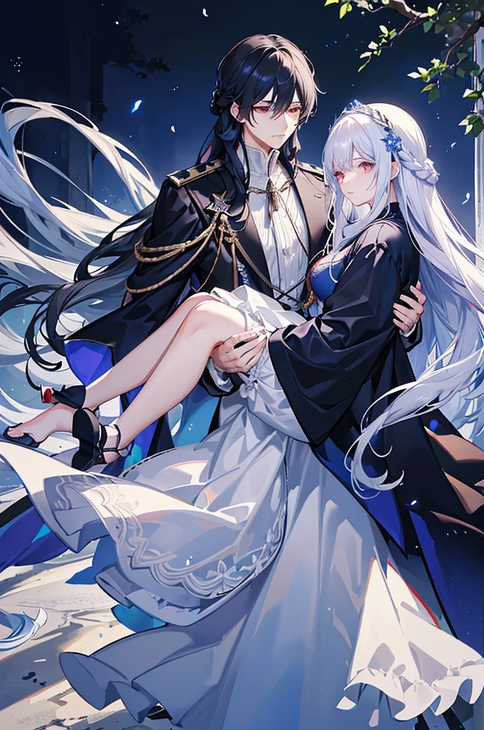 A man with black hair and red eyes is carrying a woman with white hair and blue eyes in his arms.、The woman has long, wavy hair and is wearing braids.、Wearing hair ornaments、blue and white lace dress、Garter Ring、The man is wearing a cloak、Fantasy
