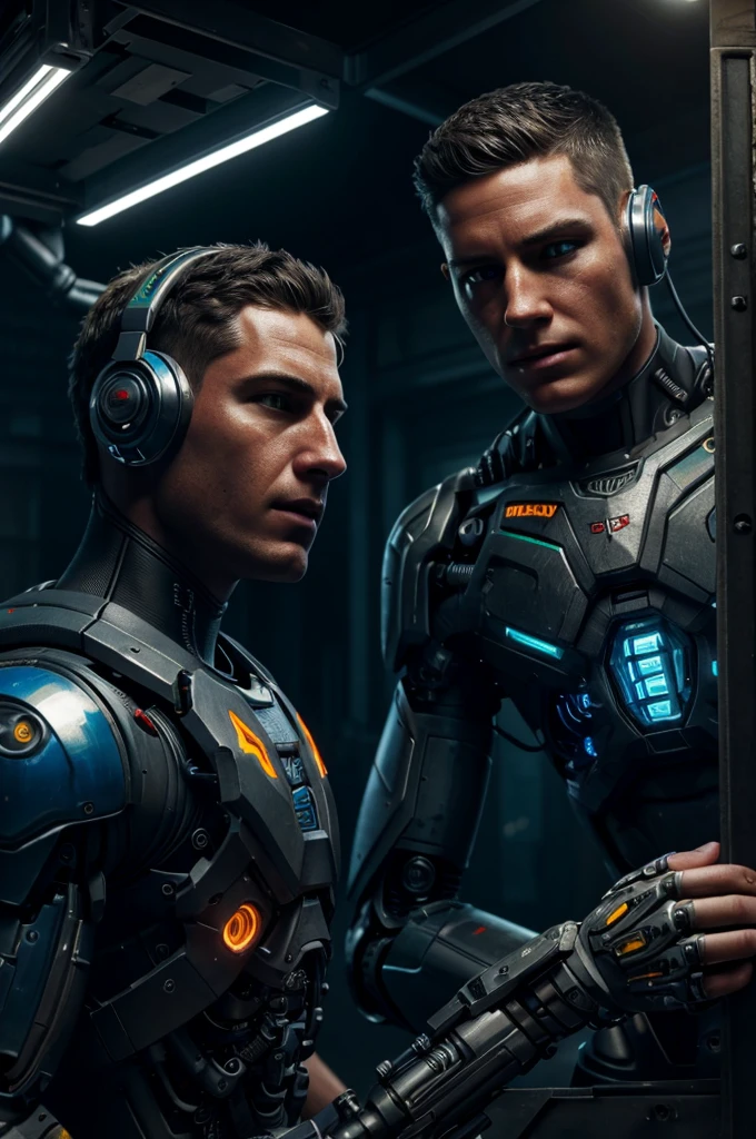 2 highly detailed cyborg boys, plugged into machinery, charging in the dark, bad mood scene, painted in oil, intricate details, inspired by the art of Juan Giménez, photorealistic, 8k, Best Quality, ultra detailed, physically based rendering, vivid colors, dramatic lighting