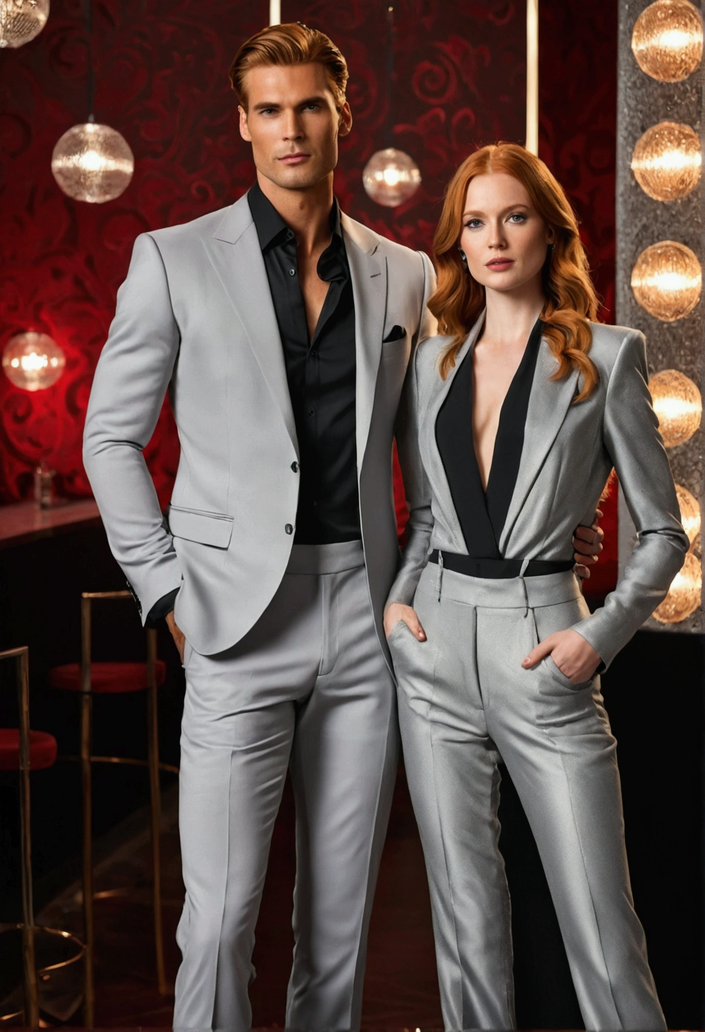 A tall beautiful man, dressed in a light gray Armani suit, dark blonde hair, his chiseled jawline and stubble, he stands in front of a beautiful redheaded woman dressed in pants, shiny black blouse, well made up, she is wearing beautiful silver heels.
The two are in the bar with nightclub lights. for her