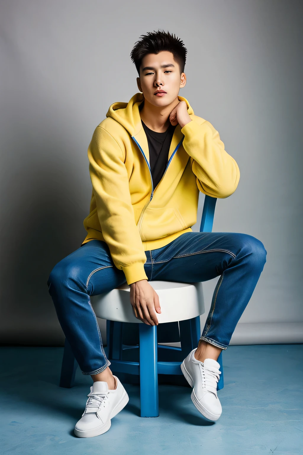 Model design，Sculpture design，Libido boy，Sit on a bear toy，Handsome，The clothes are blue and yellow，white colorusculous，Expose muscles，（Exposing the pectoral muscles）Wu Yifan sitting on a chair and showing the dirty bottom of his shoes.