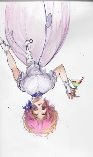 drawing of a woman with a martini glass on her head, inspired by Dorothea Tanning, inspired by Richard Dadd, top down drawing, dramatic floating pose, portrait of an absurdly graceful, exquisite corpse, absurdist wiggly blob in a dress, an ahoge stands up on her head, female death holding a cocktail, she is floating in the air