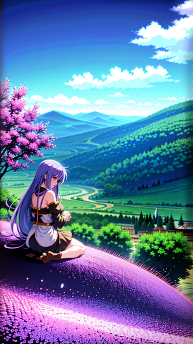 An anime-style illustration of a young woman on a hill, overlooking a clear blue sky and horizon. The scene has vibrant purple and blue tones, a large valley mountain with colorful flowers, and elements like medieval mega-buildings, rocks, trees, leaves, and birds. The atmosphere is mystical and ethereal, with high detail and exaggerated, intense colors.