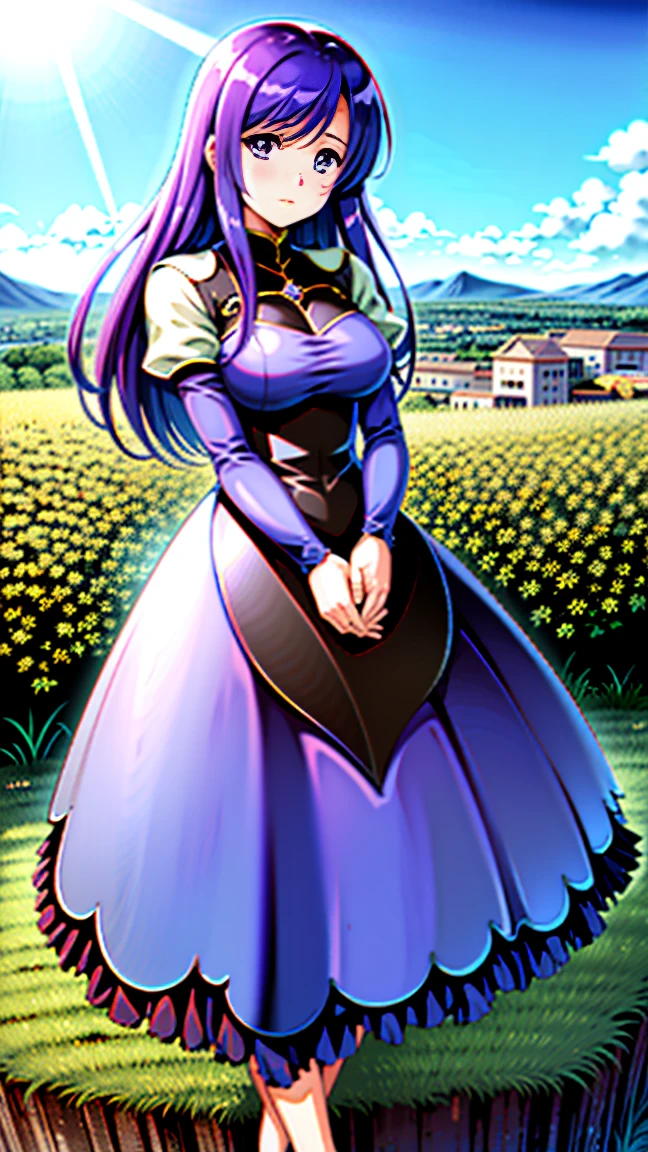 An anime-style illustration of a young woman on a hill, overlooking a clear blue sky and horizon. The scene has vibrant purple and blue tones, a large valley mountain with colorful flowers, and elements like medieval mega-buildings, rocks, trees, leaves, and birds. The atmosphere is mystical and ethereal, with high detail and exaggerated, intense colors.
