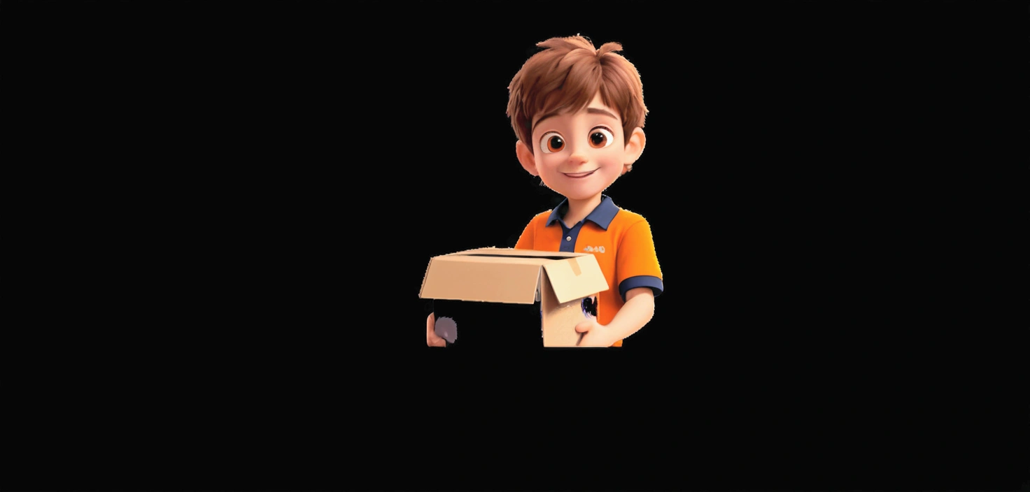 In 3d pixar disney style movie poster with the text Akidir, use this same image, which is a store mascot, a boy, 8k, Disney pixar style, vibrant colors, as a base to create another image, with another different movement, pointing with his hands for the electronic products in the store, with the same face, each hand must have five fingers, with the same brown hair and brown eyes, this same boy, happy, with this same orange outfit with the name akidir on the shirt. You cannot change the mascot's face, it must be the same mascot in the image, you just have to change its movement, pointing with its hands at the electronic products.