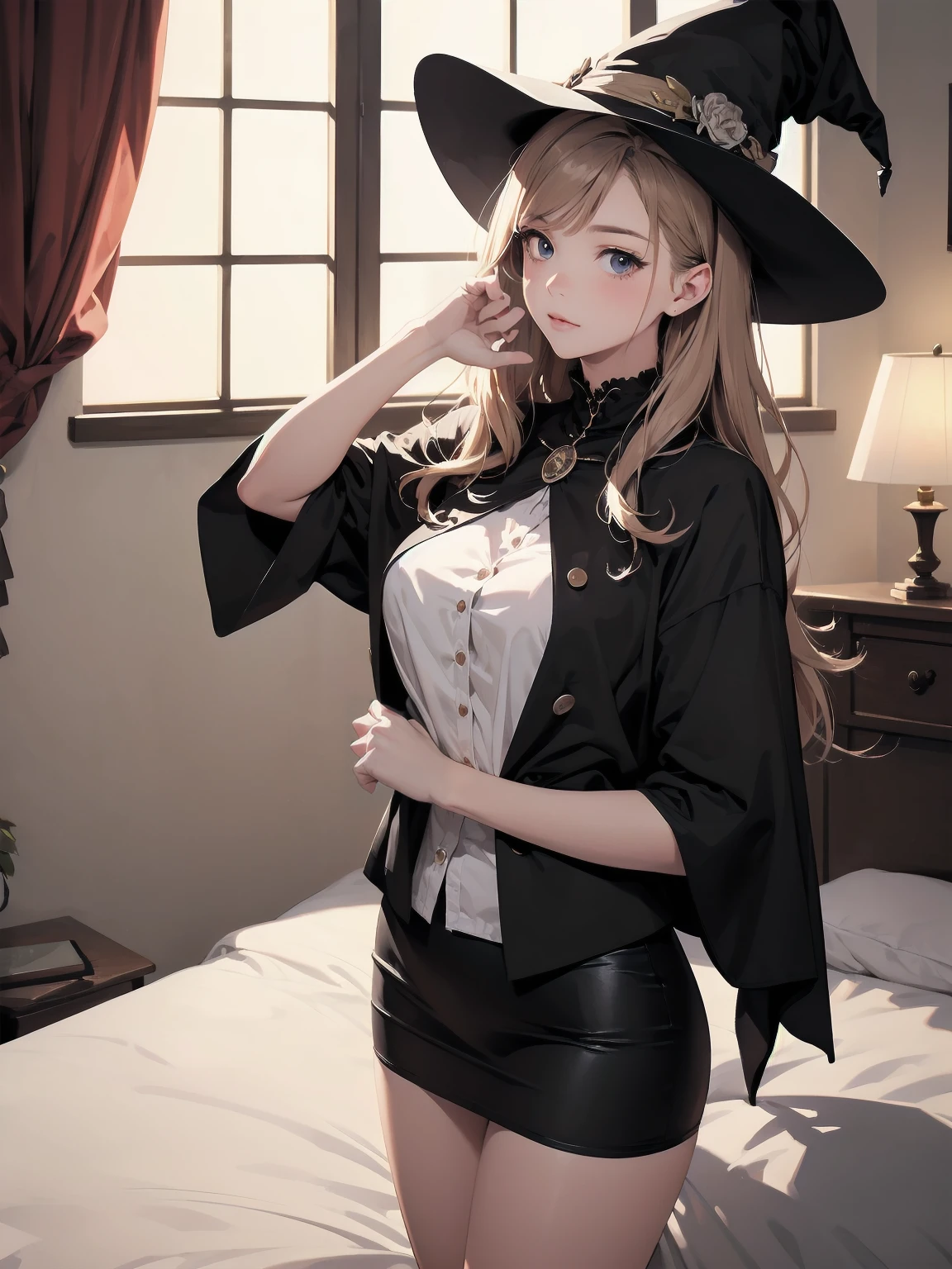 masterpiece, illustration, super detailed, kawaii, one girl, solo, witch in super cute pose, bed room, cowboy shot ,sfw, Dynamic angle