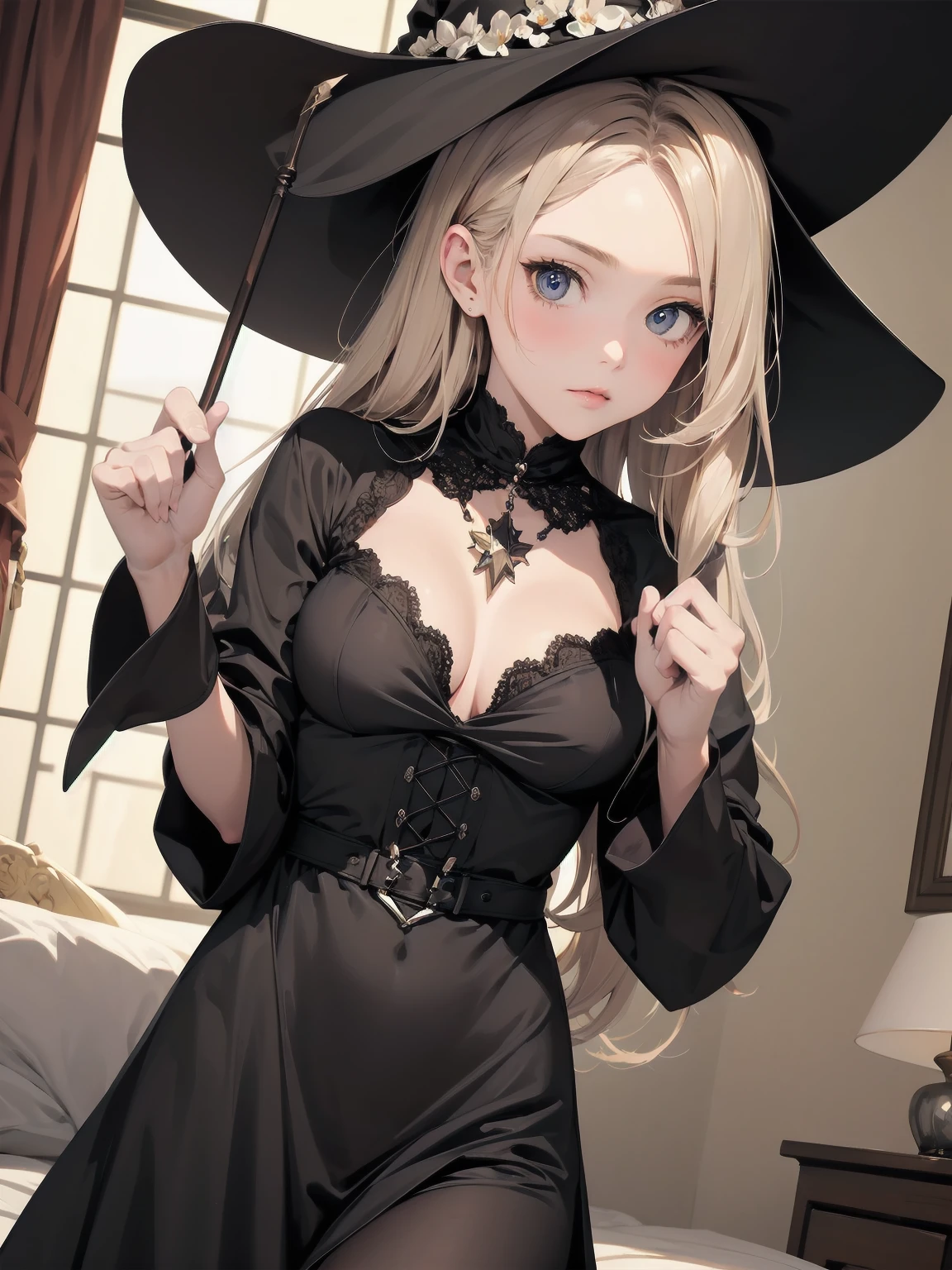 masterpiece, illustration, super detailed, kawaii, one girl, solo, witch in super cute pose, bed room, cowboy shot ,sfw, Dynamic angle