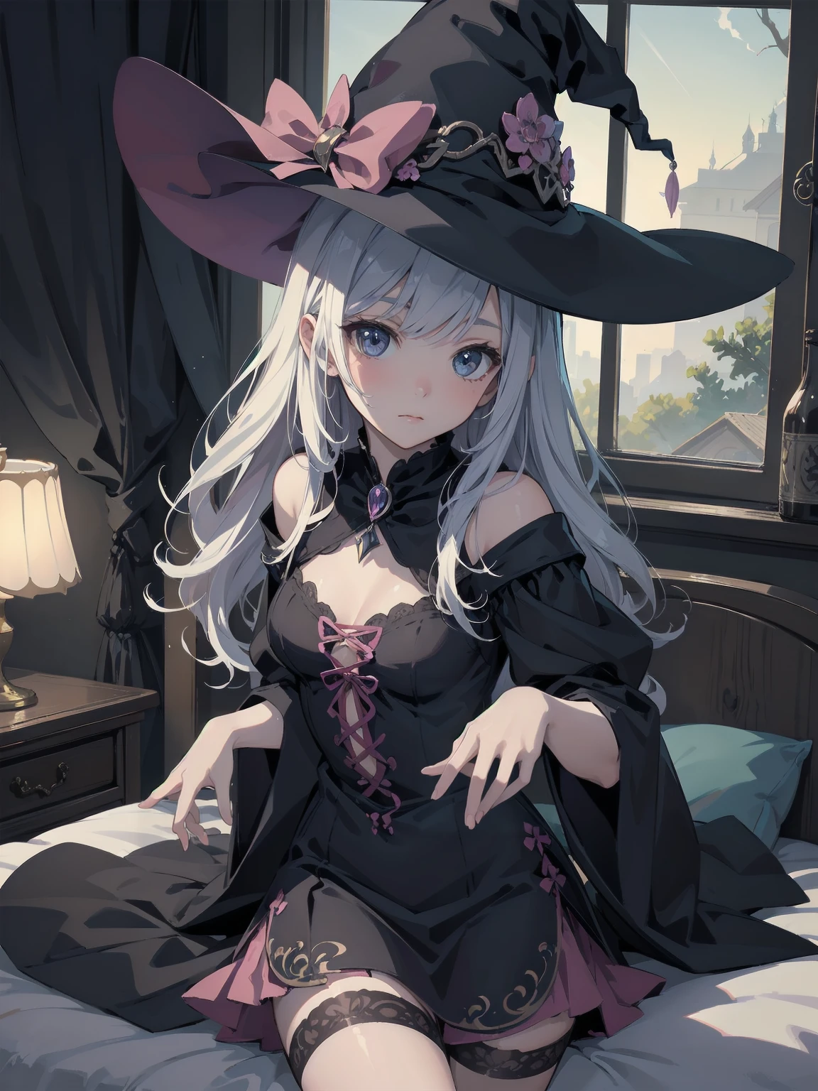 masterpiece, illustration, super detailed, kawaii, one girl, solo, witch in super cute pose, bed room, cowboy shot  ,sfw, Dynamic angle