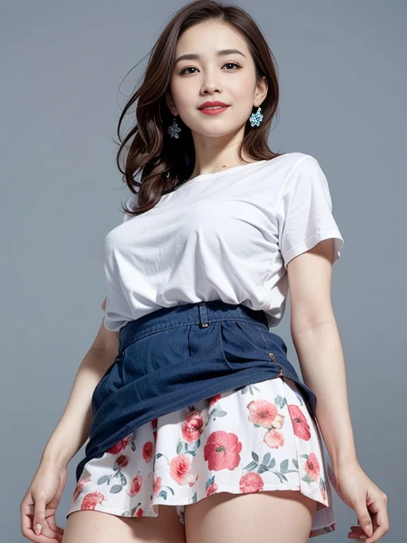 Gray background、(Blue Eye Shadow)、Red lipstick、(Sexy look)、Thighs、Pointy nipples、The wind is messing up my hair、pubic hair、濃いpubic hair、Large Breasts、Red Earrings、smile、White floral dresini skirt、Looking from below