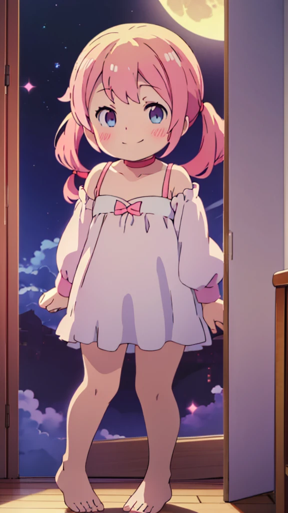 ((masterpiece))((Highest quality))Moon Fairy、girl、smile、blush、Flat Chest、Are thin、Pink Hair、blush、Are standing、Whole body image、Even your toes are visible、Eye level on face、front、No background、真frontのアングル、Pigtails