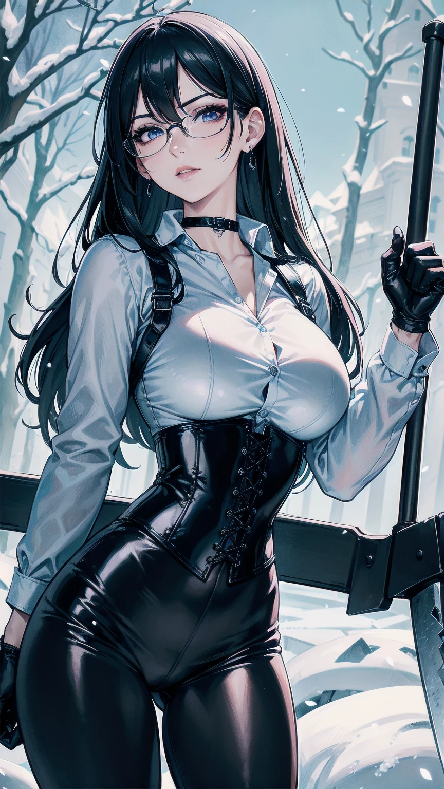 Masterpiece, Beautiful art, professional artist, 8k, art style by sciamano240, Very detailed face, Detailed clothing, detailed fabric, 1 girl, perfectly drawn body, big breasts, fighting pose, beautiful face, long black hair, blue eyes, very detailed eyes, pink cheeks, shy expression, glasses, choker:1.6, (long sleeve white collar buttoned shirt), black gloves, gloves covering hands, (holding an ax in the right hand), (black leather corset), (shiny black leggings), sensual lips , evening de invierno, show details in the eyes, view from front, looking at the viewer, snowy trail, Snowy forest, evening, Atmosphere, snow