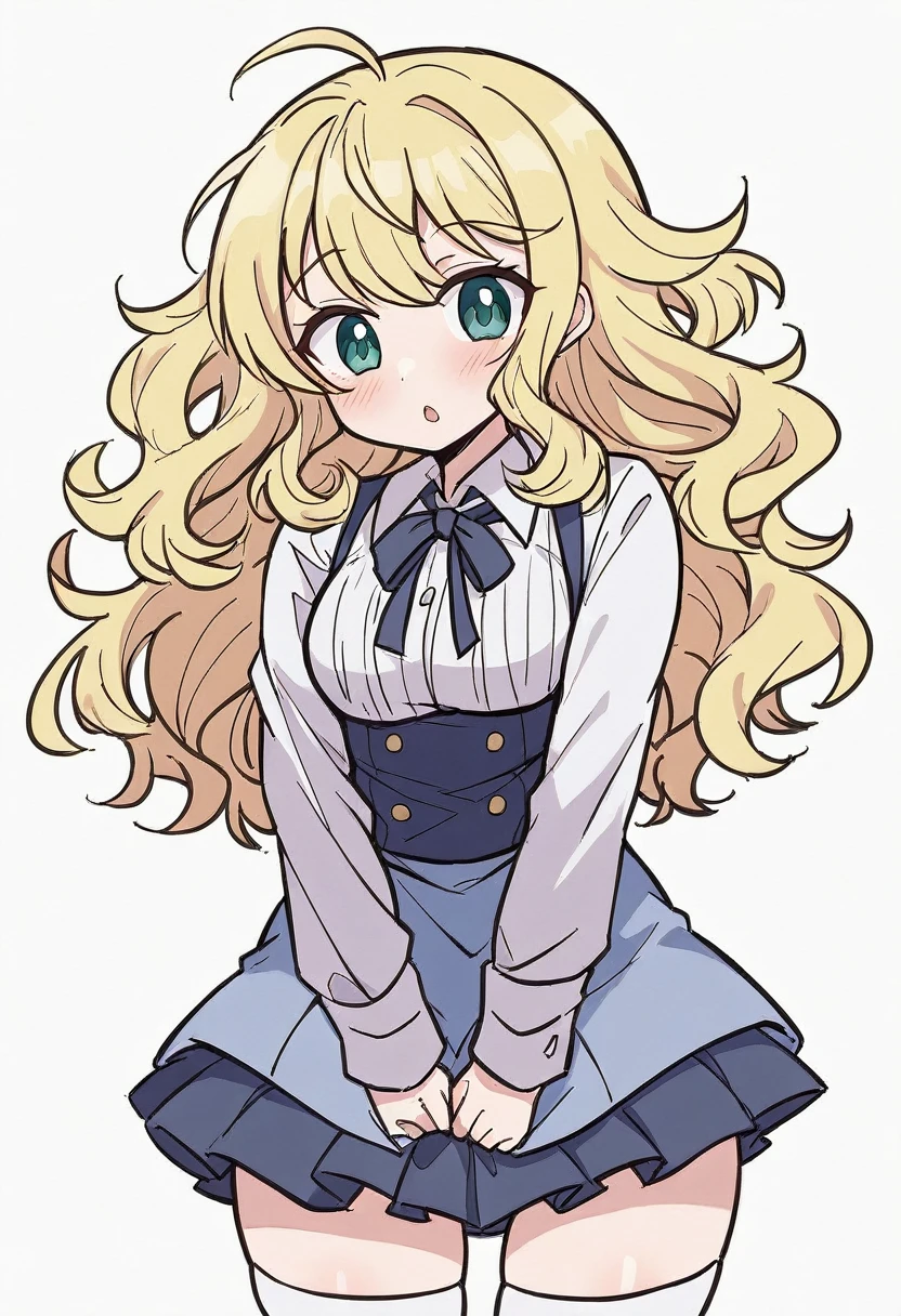 (One girl)、bob cut、flipped hair、((Blonde))、(Sato Air)、boyish、(Big super breasts)、Chubby、beautiful girl、green eye、Maid clotheini skirt、White sleeveless、((hairs between eyes))、((thigh-high socks thighhighs))、(long gloves)、say、flipped hair、White Background、