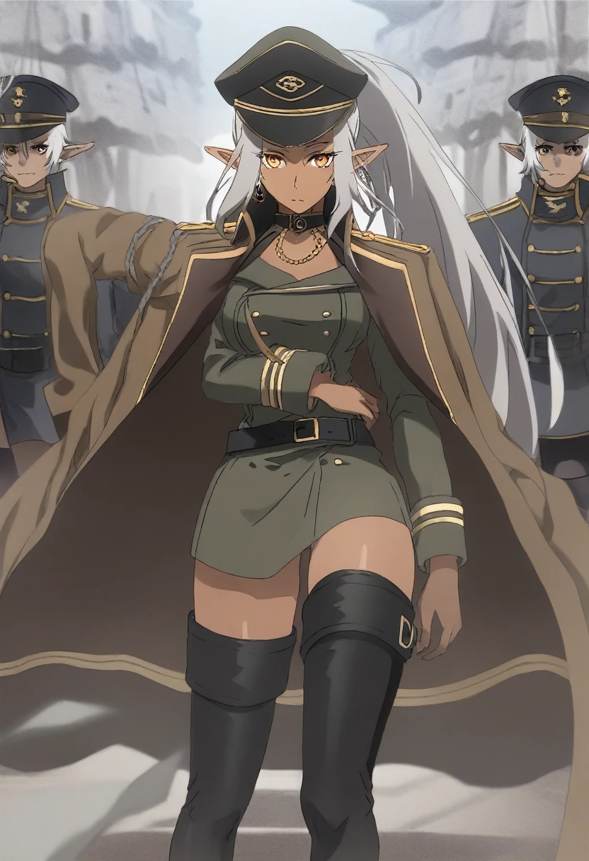 orange eyes,,((brown skin,dark elf,))grey hair,1lady,high ponytail, gold and black coat,jewelry,gold and black uniform,military hat,thigh boots,
