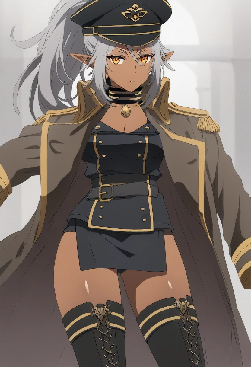 orange eyes,,((brown skin,dark elf,))grey hair,1lady,high ponytail, gold and black coat,jewelry,gold and black uniform,military hat,thigh boots,
