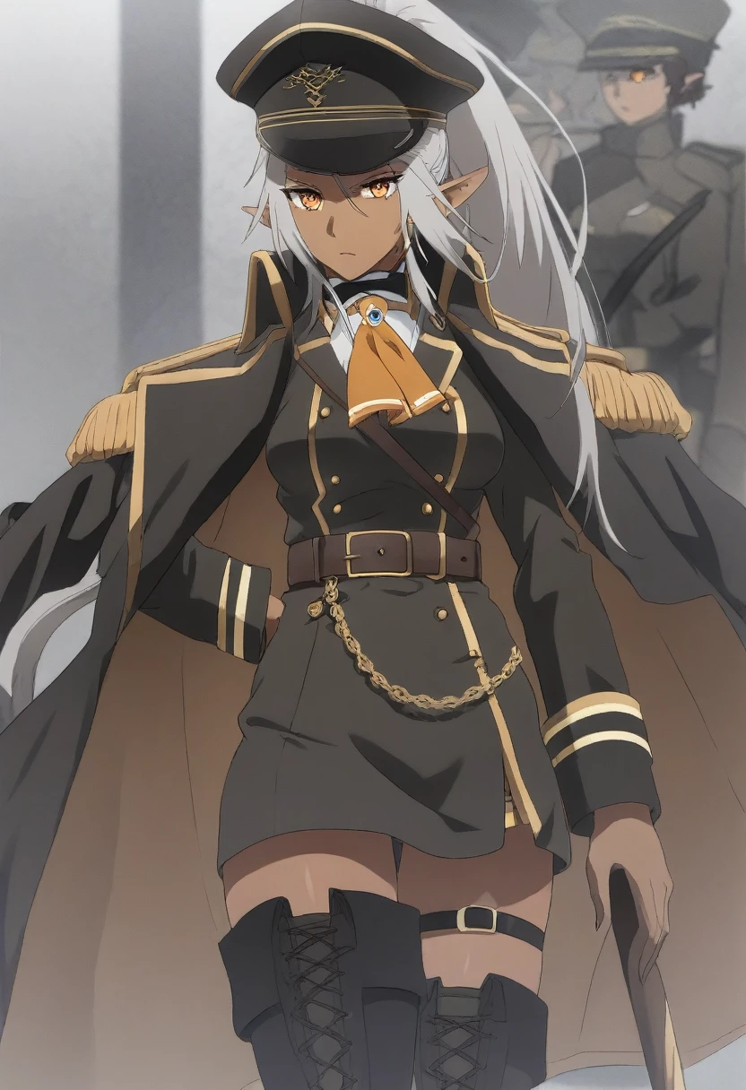 orange eyes,,((brown skin,dark elf,))grey hair,1lady,high ponytail, gold and black coat,jewelry,gold and black uniform,military hat,thigh boots,
