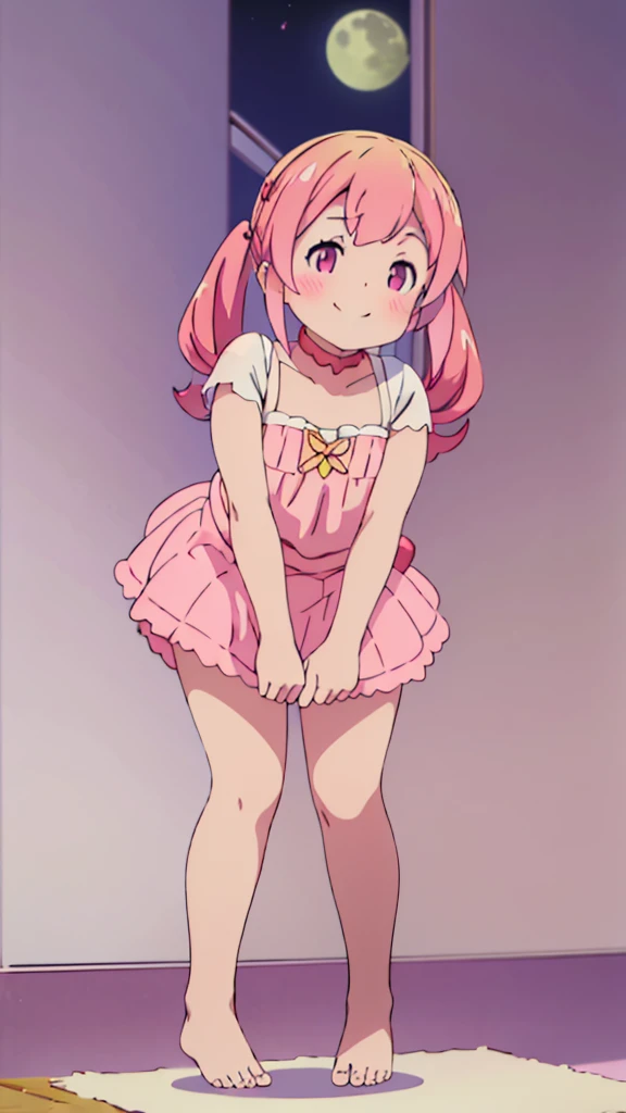 ((masterpiece))((Highest quality))Moon Fairy、girl、smile、blush、Flat Chest、Are thin、Pink Hair、blush、Are standing、Whole body image、Even your toes are visible、Eye level on face、front、No background、真frontのアングル、Pigtails