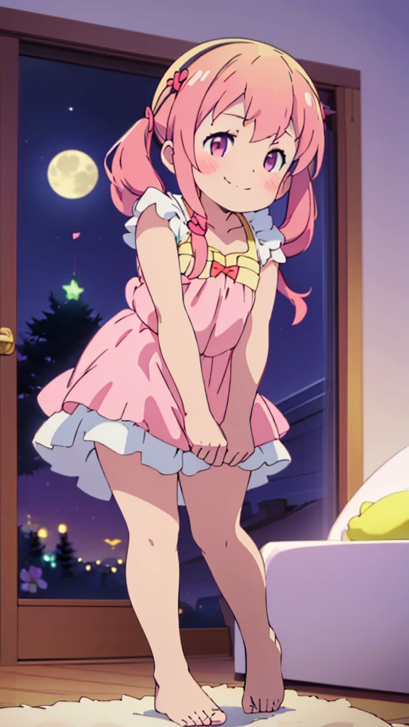 ((masterpiece))((Highest quality))Moon Fairy、girl、smile、blush、Flat Chest、Are thin、Pink Hair、blush、Are standing、Whole body image、Even your toes are visible、Eye level on face、front、No background、真frontのアングル、Pigtails
