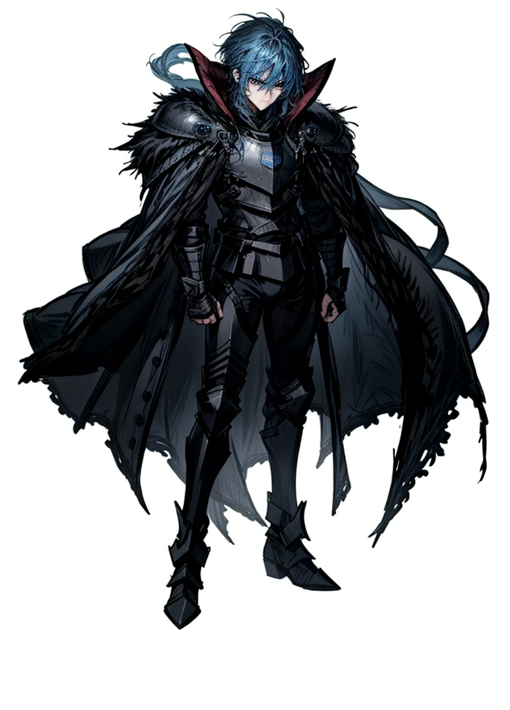 1boy ,blue eyes, blue hair ,black knight, arctic knight, muscular man, broken cloak, nice clothes, (high resolution, high detail, best quality),