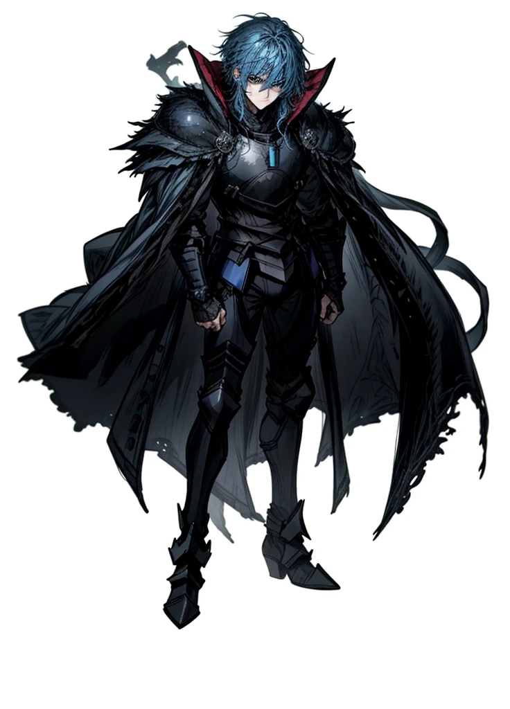 1boy ,blue eyes, blue hair ,black knight, arctic knight, muscular man, broken cloak, nice clothes, (high resolution, high detail, best quality),