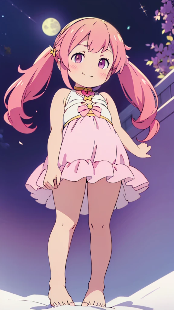((masterpiece))((Highest quality))Moon Fairy、girl、smile、blush、Flat Chest、Are thin、Pink Hair、blush、Are standing、Whole body image、Even your toes are visible、Eye level on face、front、No background、真frontのアングル、Pigtails