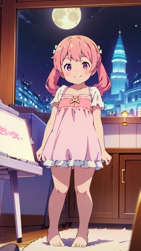 ((masterpiece))((Highest quality))Moon Fairy、girl、smile、blush、Flat Chest、Are thin、Pink Hair、blush、Are standing、Whole body image、Even your toes are visible、Eye level on face、front、No background、真frontのアングル、Pigtails