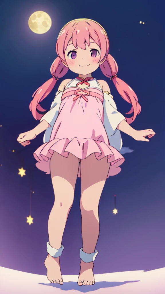 ((masterpiece))((Highest quality))Moon Fairy、girl、smile、blush、Flat Chest、Are thin、Pink Hair、blush、Are standing、Whole body image、Even your toes are visible、Eye level on face、front、No background、真frontのアングル、Pigtails
