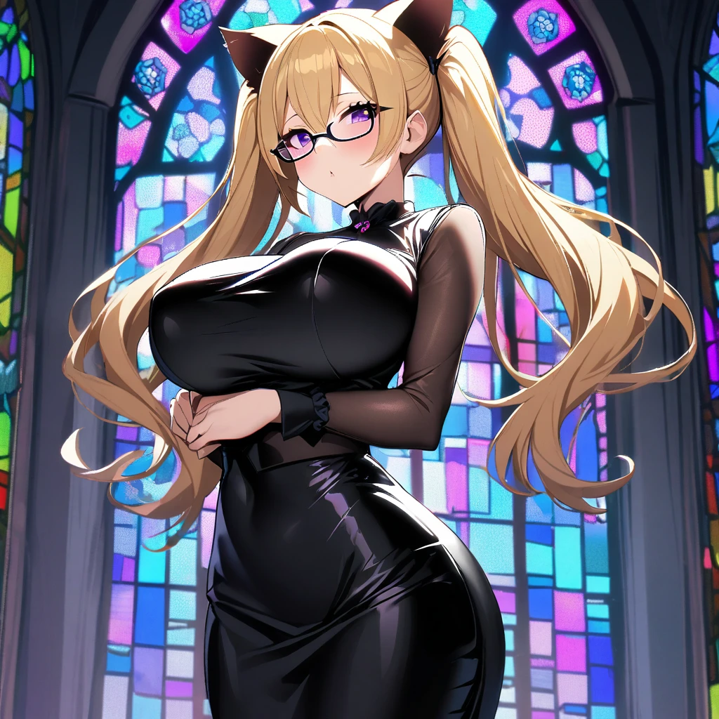 1girl,solo,long twin tails,cat ears,blonde hair color,purple eye color,super huge breasts,slender,Glasses,glossy black long pencil skirt,black dress,standing up,near,Stained glass background