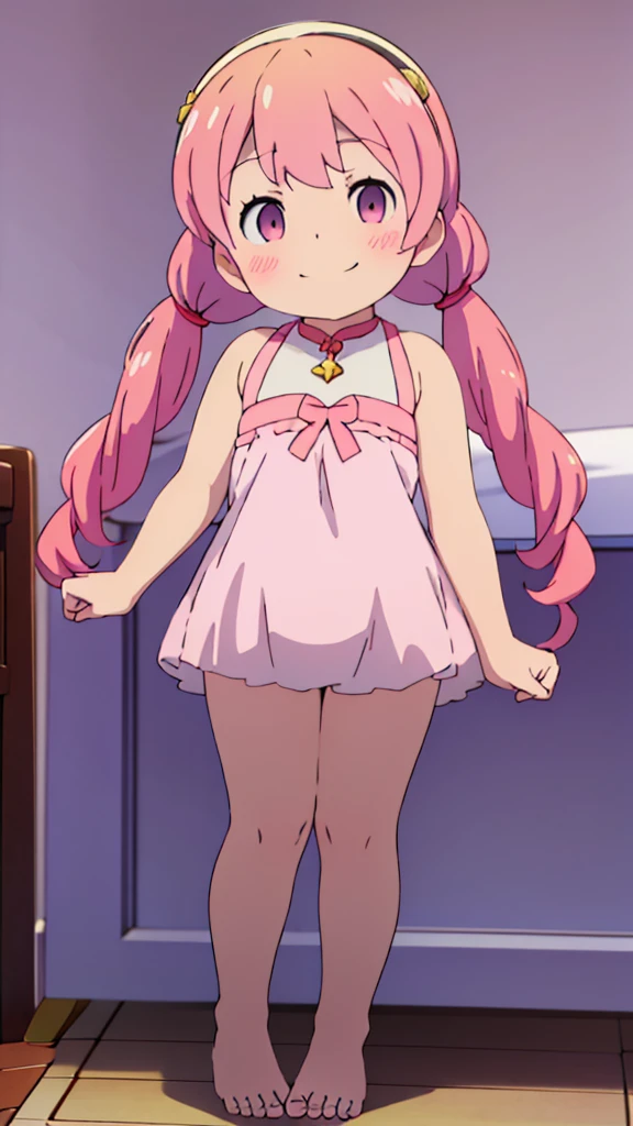 ((masterpiece))((Highest quality))Moon Fairy、girl、smile、blush、Flat Chest、Are thin、Pink Hair、blush、Are standing、Whole body image、Even your toes are visible、Eye level on face、front、No background、真frontのアングル、Pigtails
