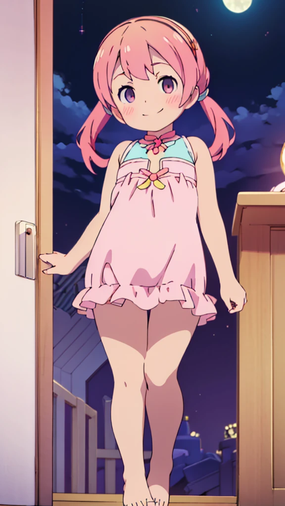 ((masterpiece))((Highest quality))Moon Fairy、girl、smile、blush、Flat Chest、Are thin、Pink Hair、blush、Are standing、Whole body image、Even your toes are visible、Eye level on face、front、No background、真frontのアングル、Pigtails