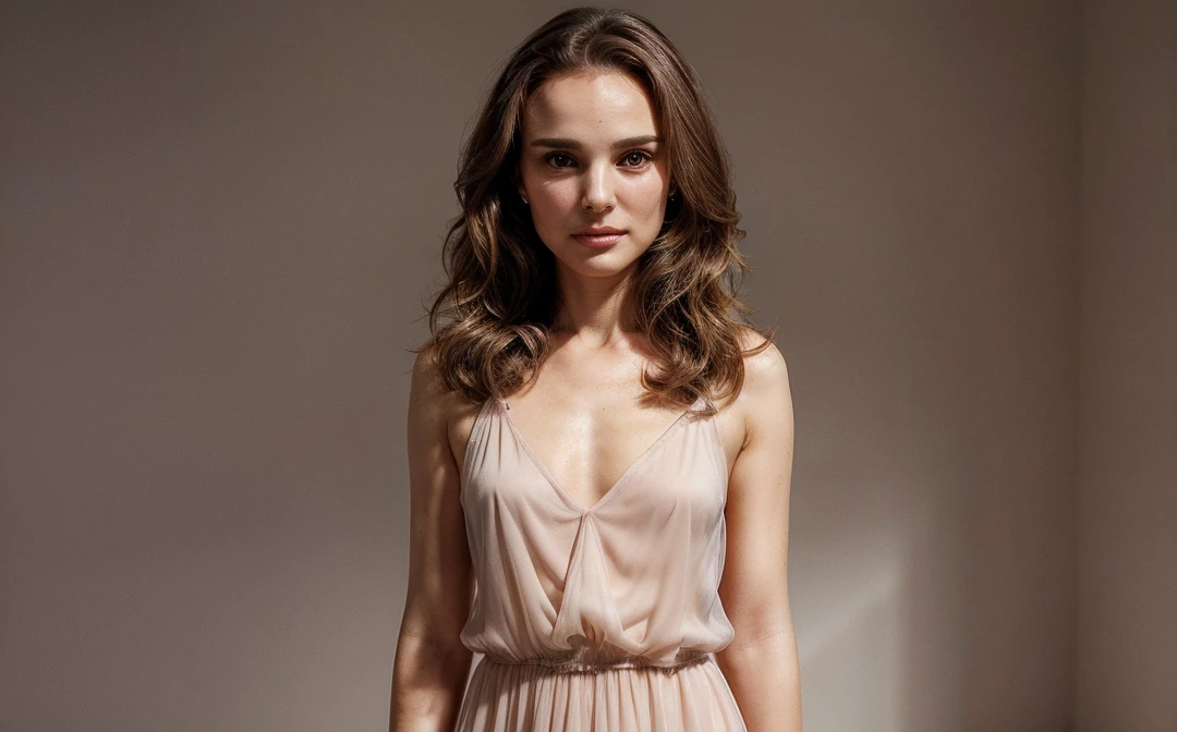 ((Natalie Portman)), ((Full body portrait of a 25-year-old woman)), brown hair, with colorful semi-transparent dress, perfect eyebrow, perfect lips, perfect nose, Graduated Professional Color, A marvelous woman, cute russian woman, sharp focus, long hair, playa, Natural sharp skin characteristics, model, ((full body image)), staring at the camera, Natural characteristic of acute skin