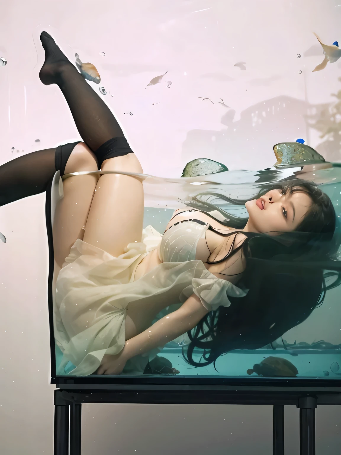Beautiful girl with big breasts, inside a fish tank with water, with legs out, long black hair in the water, keeping your face afloat and out of the water at the surface, rostro de Jennie de blackpink.