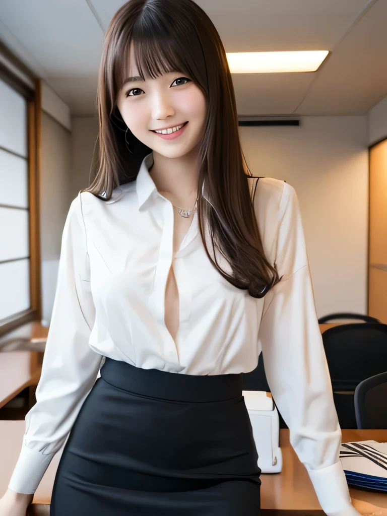 (Japanese cute girl), in a office, sexy 18 yo girl, slender body, thin breasts, skirt, blouse, slender thighs, laughing,
