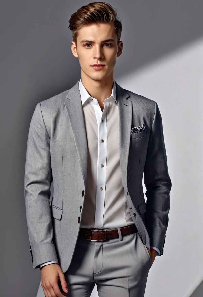 photo-realistic picture of a young man wearing women's dress shirt, jacket, female-looking chest, male dress trousers, neutral expression, soft illumination, natural positioning, vivid textures, impeccable outfit, photo-realistic, UHD drawing