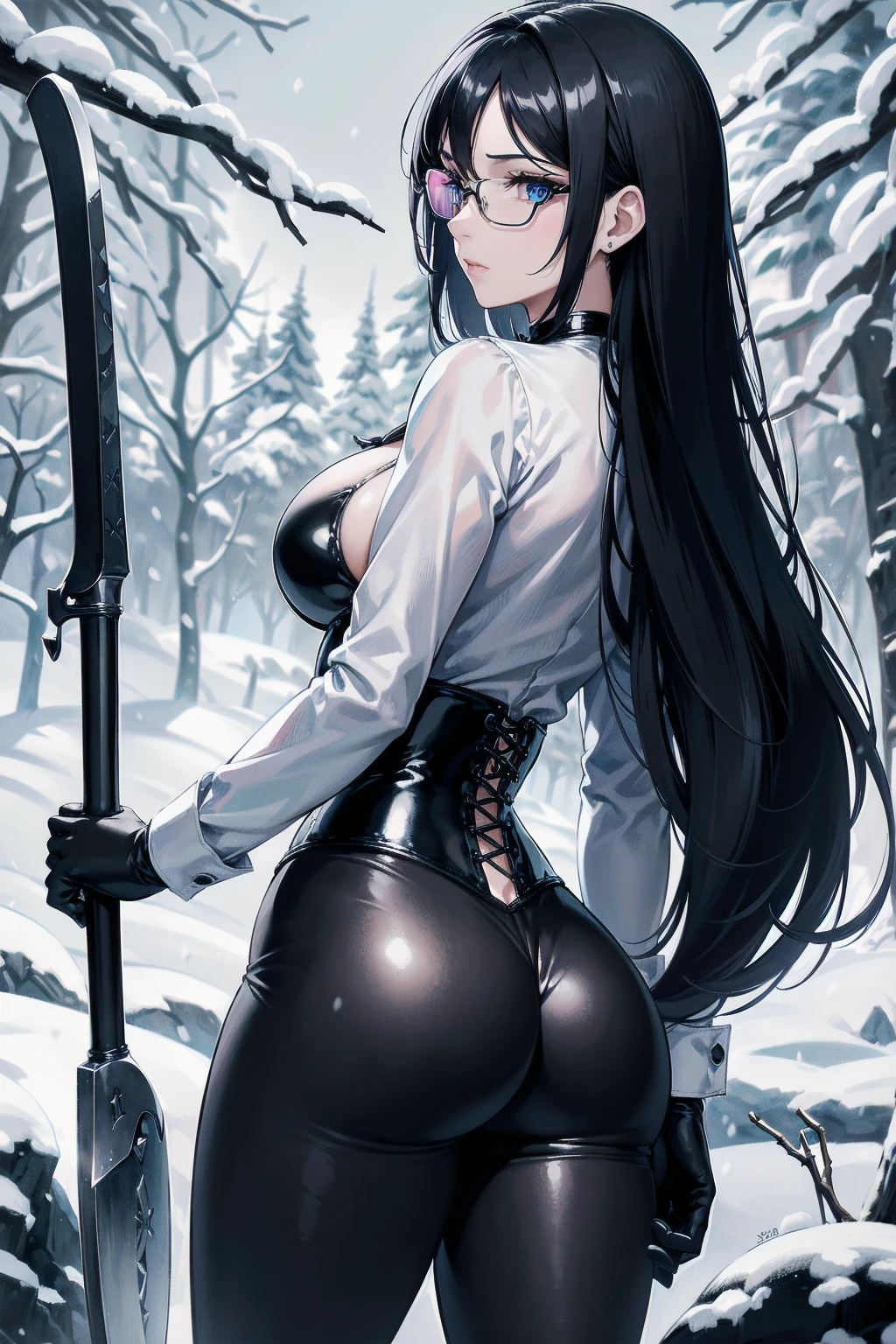 Masterpiece, Beautiful art, professional artist, 8k, art style by sciamano240, Very detailed face, Detailed clothing, detailed fabric, 1 girl, view from behind, perfect ass, perfectly drawn body, big breasts, fighting pose, beautiful face, long black hair, blue eyes, very detailed eyes, pink cheeks, shy expression, glasses, choker:1.6, (long sleeve white collar buttoned shirt), black gloves, gloves covering hands, (holding an ax in the right hand), (black leather corset), (shiny black leggings), sensual lips , evening de invierno, show details in the eyes, view from front, looking at the viewer, snowy trail, Snowy forest, evening, Atmosphere, snow