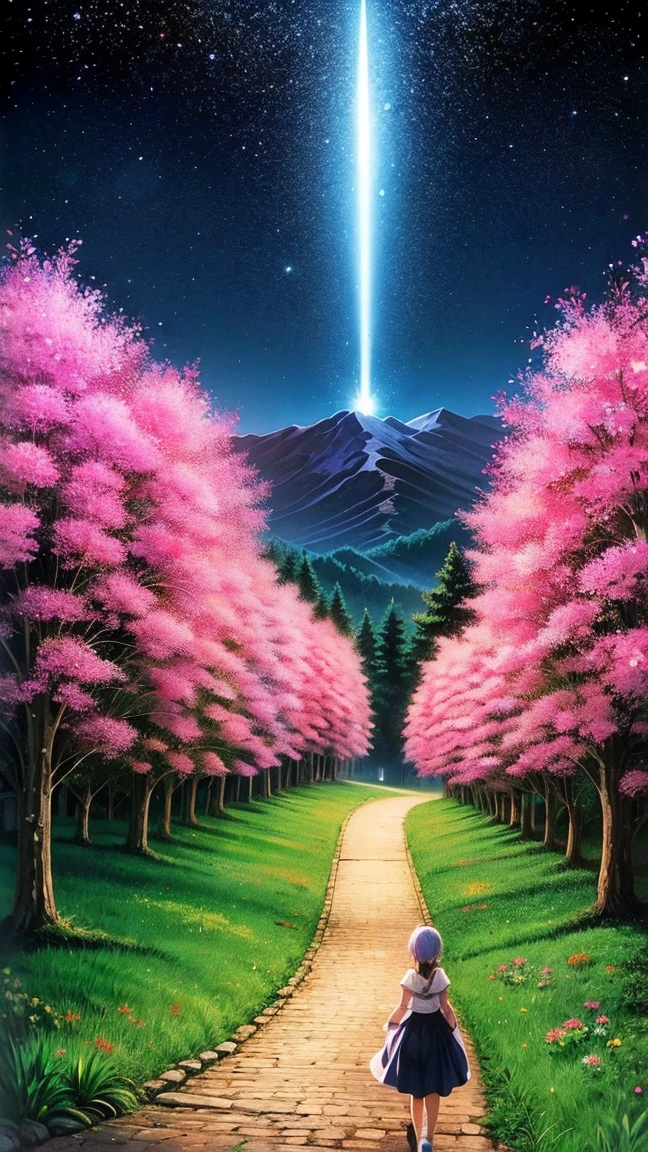 An anime-style illustration of a young woman on a path overlooking a terraced mountainous valley. The scene is vibrant and highly saturated, featuring lush greenery and cascading hills with exaggerated colors. The clear blue sky has a few clouds and distant mountain peaks. She walks along a path illuminated by the moon and stars, creating a magical glow. The grassland is filled with glowing flowers and fireflies under the night sky.