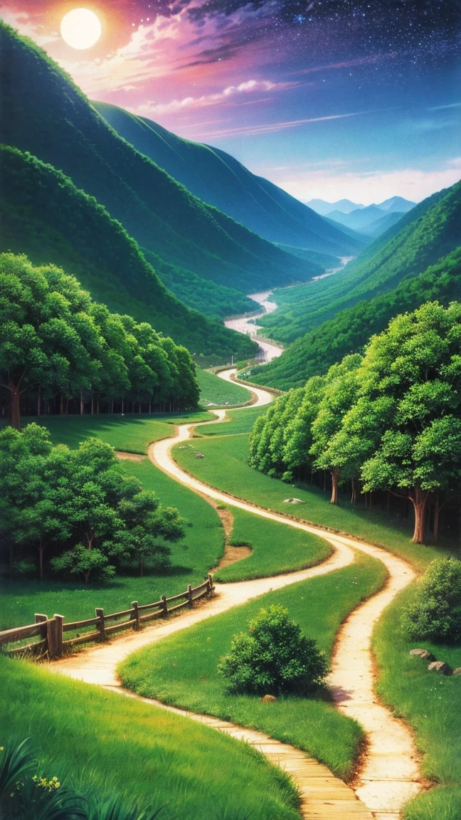 An anime-style illustration of a young woman on a path overlooking a terraced mountainous valley. The scene is vibrant and highly saturated, featuring lush greenery and cascading hills with exaggerated colors. The clear blue sky has a few clouds and distant mountain peaks. She walks along a path illuminated by the moon and stars, creating a magical glow. The grassland is filled with glowing flowers and fireflies under the night sky.