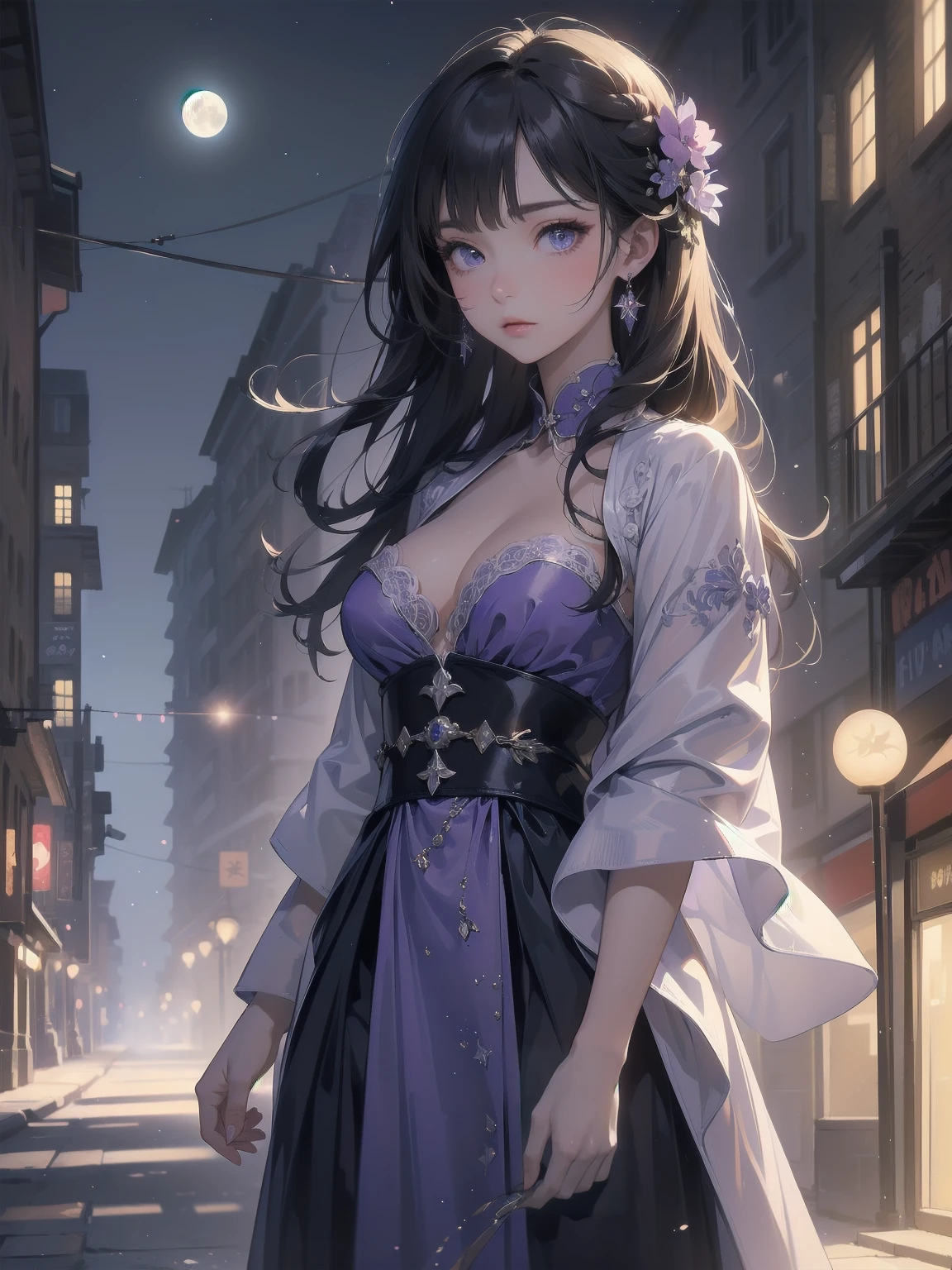 masterpiece, 8K, Highest quality, Very detailed, Purple & A beautiful girl in a blue magical robe with a moon motif、Close-up on the characters、(building, city、A dense fog of fluorescent particles、1800Era、Western style、Fiction、grow、Overwhelming、Detailed street)、A pretty woman with a beautiful background and a lovely pose