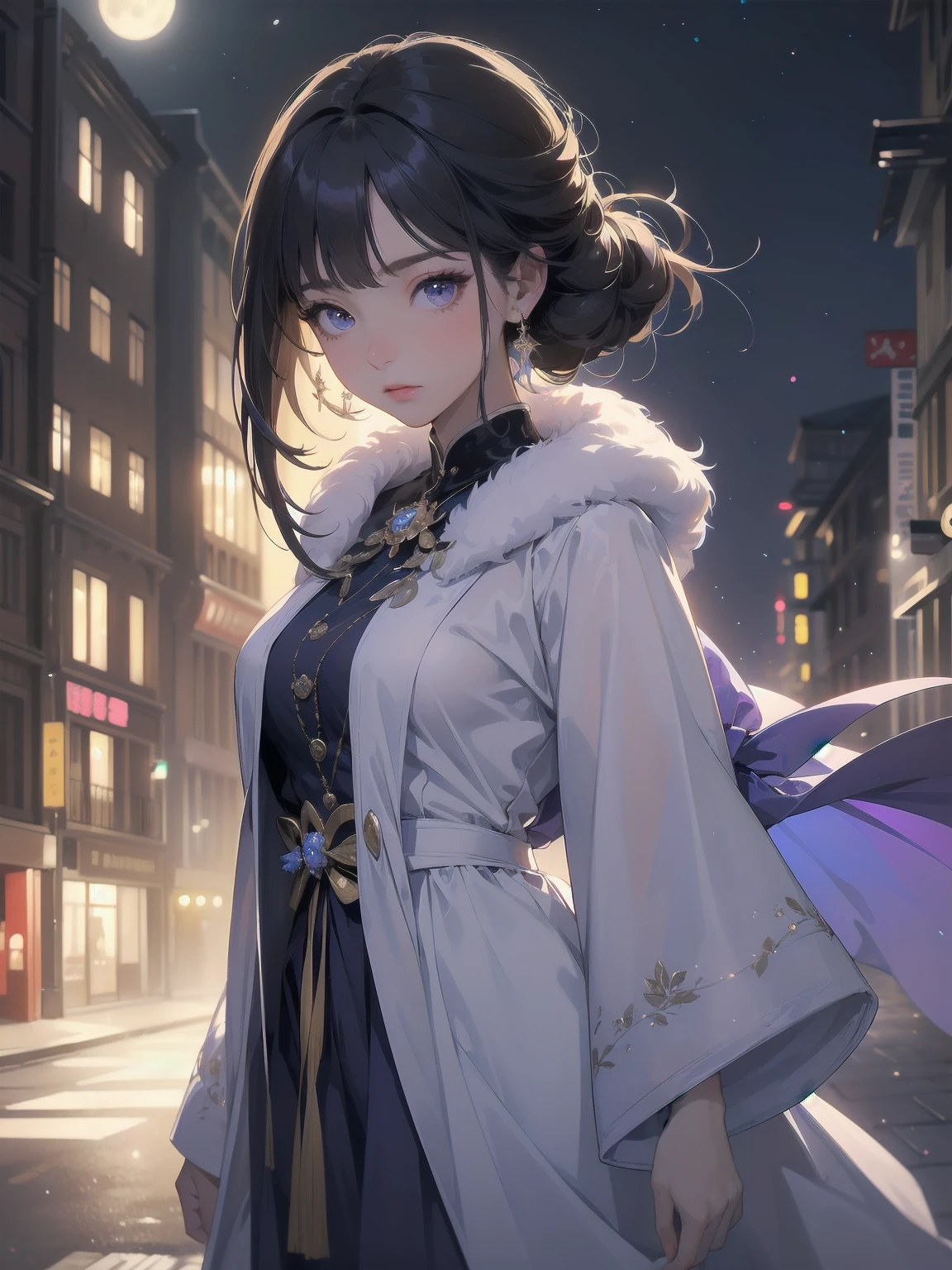 masterpiece, 8K, Highest quality, Very detailed, Purple & A beautiful girl in a blue magical robe with a moon motif、Close-up on the characters、(building, city、A dense fog of fluorescent particles、1800Era、Western style、Fiction、grow、Overwhelming、Detailed street)、A pretty woman with a beautiful background and a lovely pose