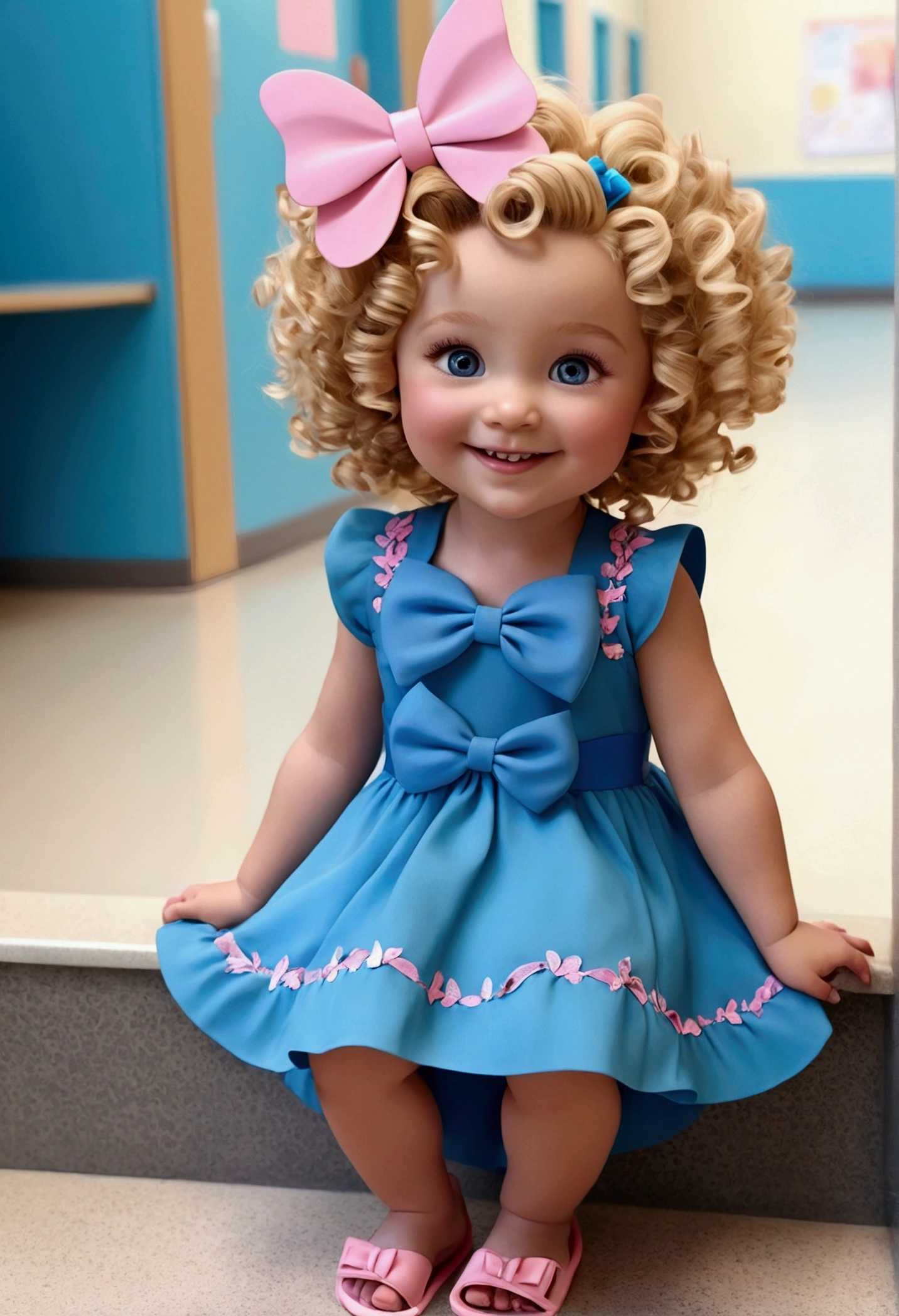 baby with curly blonde hair, eyes browns, big eyelashes, rosy cheeks, blue butterfly dress, with a big blue bow on her head, great smile, blue and pink sandals, at school Avatar 3D