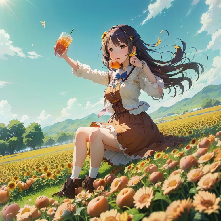 anime girl sitting in a field of flowers holding a piece of fruit, official artwork, official art, anime visual of a cute girl, smooth anime cg art, high detailed official artwork, beautiful sunflower anime girl, anime girl drinks energy drink, official anime artwork, official illustration, cushart krenz key art feminine, she is eating a peach