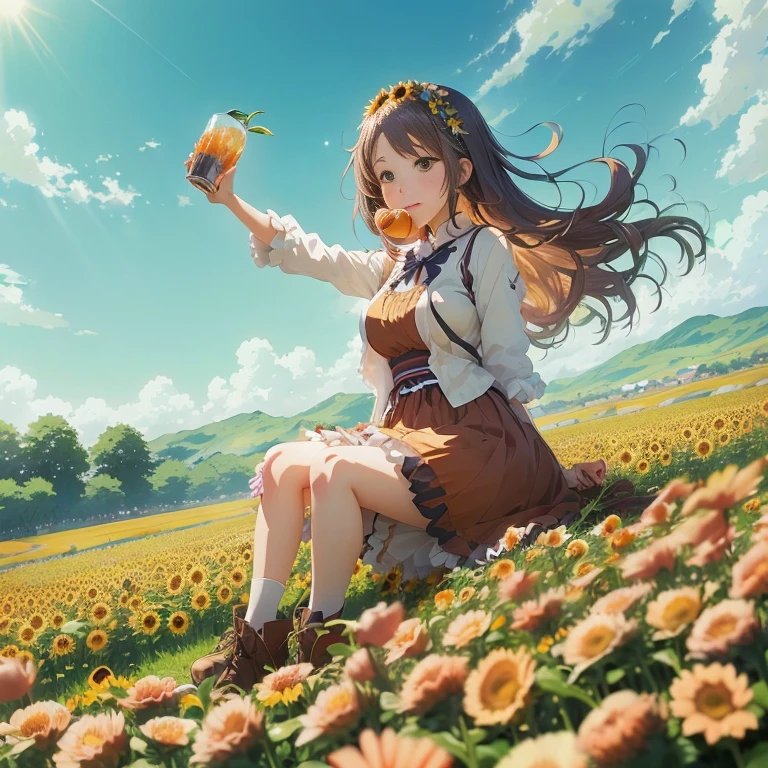 anime girl sitting in a field of flowers holding a piece of fruit, official artwork, official art, anime visual of a cute girl, smooth anime cg art, high detailed official artwork, beautiful sunflower anime girl, anime girl drinks energy drink, official anime artwork, official illustration, cushart krenz key art feminine, she is eating a peach
