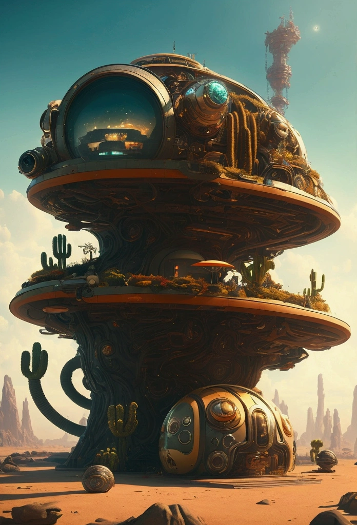 An Atlatean Drive-In restaurant design, characterized by TIKI-HUT and metallic cactus themes infusing tribal artistry in a surreal science fiction setup, influenced by the art of Naoto Hattori, Enki Bilal, John Lasseter, Anato Finnstark and Goro Fujita, warping back to the nostalgic retro period elevated by the advancement of digital art with a touch of Cinema 4D Octane Render, creating an enchanting dystopian retrofuturism vibe, prominently featuring a Sci-fi inspired environment that induces anticipation and curiosity in every viewer's mind.