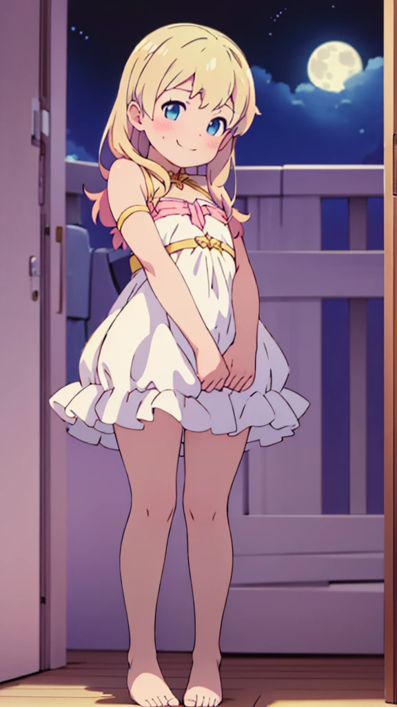 ((masterpiece))((Highest quality))Moon Fairy、girl、smile、blush、Flat Chest、Are thin、Blonde Hair、long、blush、Are standing、Whole body image、Even your toes are visible、Eye level on face、front、No background、真frontのアングル