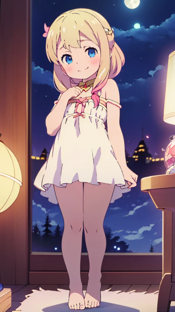 ((masterpiece))((Highest quality))Moon Fairy、girl、smile、blush、Flat Chest、Are thin、Blonde Hair、long、blush、Are standing、Whole body image、Even your toes are visible、Eye level on face、front、No background、真frontのアングル
