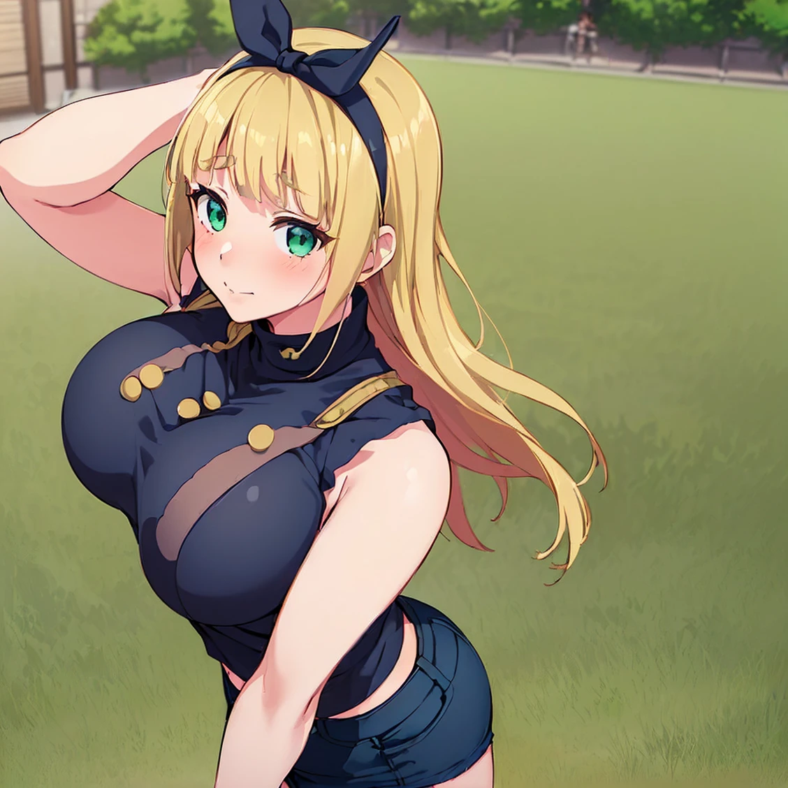 ((1girl)), ((alone)),shushu suruga, ((extremely detailed CG unity 4k wallpaper)), (masterpiece), (ultra quality), (ultra detailed), (best illustration), (best shadow), (extremely detailed), looking at viewer, (absurdities), (detailed background), curvy body, dynamic pose, cowboy photo, medium breasts, medium waist, wide hips, wide thighs, round butt, ((blonde_hair , short_hair, 1 girl, green_eyes, solo, headband, bangs, big_breasts, black bow, black headband, blue jacket, t-shirt, abdomen, denim shorts, ,)),smile, closed mouth)), standing, cowboy photo , backlight, ((only)), ((standing: 1.4, outdoor, park, cityscape, trees, (stoic, blushing, sexy expression, closed mouth, sexy pose), looking forward, ((focus on breasts ), point of view: (from above), perfect anatomy, perfect hands,