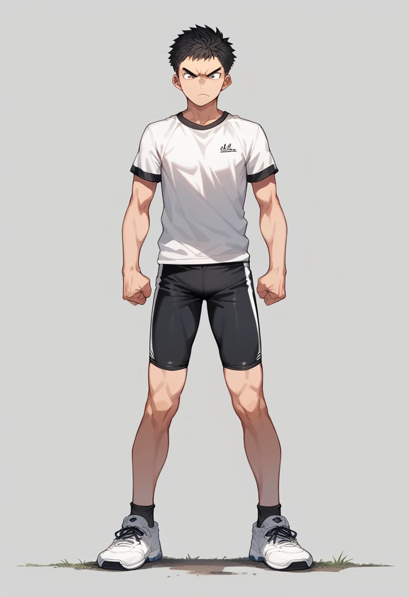 1boy, adult male focus, short black hair, white and black sports shirt, compression shorts underneath standing, determined expression,front view,looking at viewer,t-pose,anime style, full body,best quality, amazing quality
