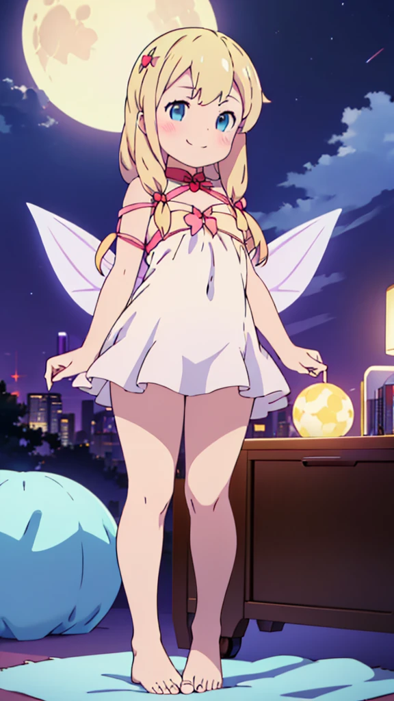 ((masterpiece))((Highest quality))Moon Fairy、girl、smile、blush、Flat Chest、Are thin、Blonde Hair、long、blush、Are standing、Whole body image、Even your toes are visible、Eye level on face、front、No background、真frontのアングル